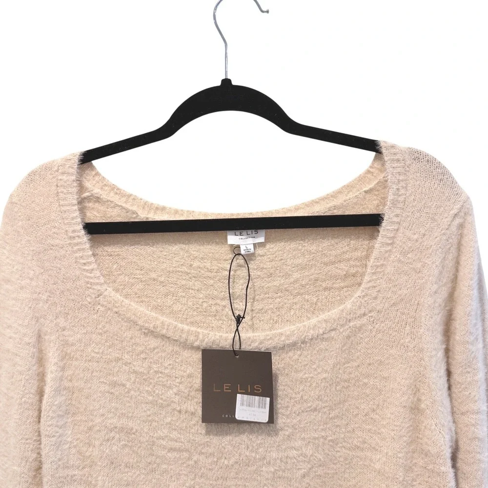 LE LIS Square Neck Eyelash‎ Knit Sweater Cream NWT Puff Sleeve Women Large Soft